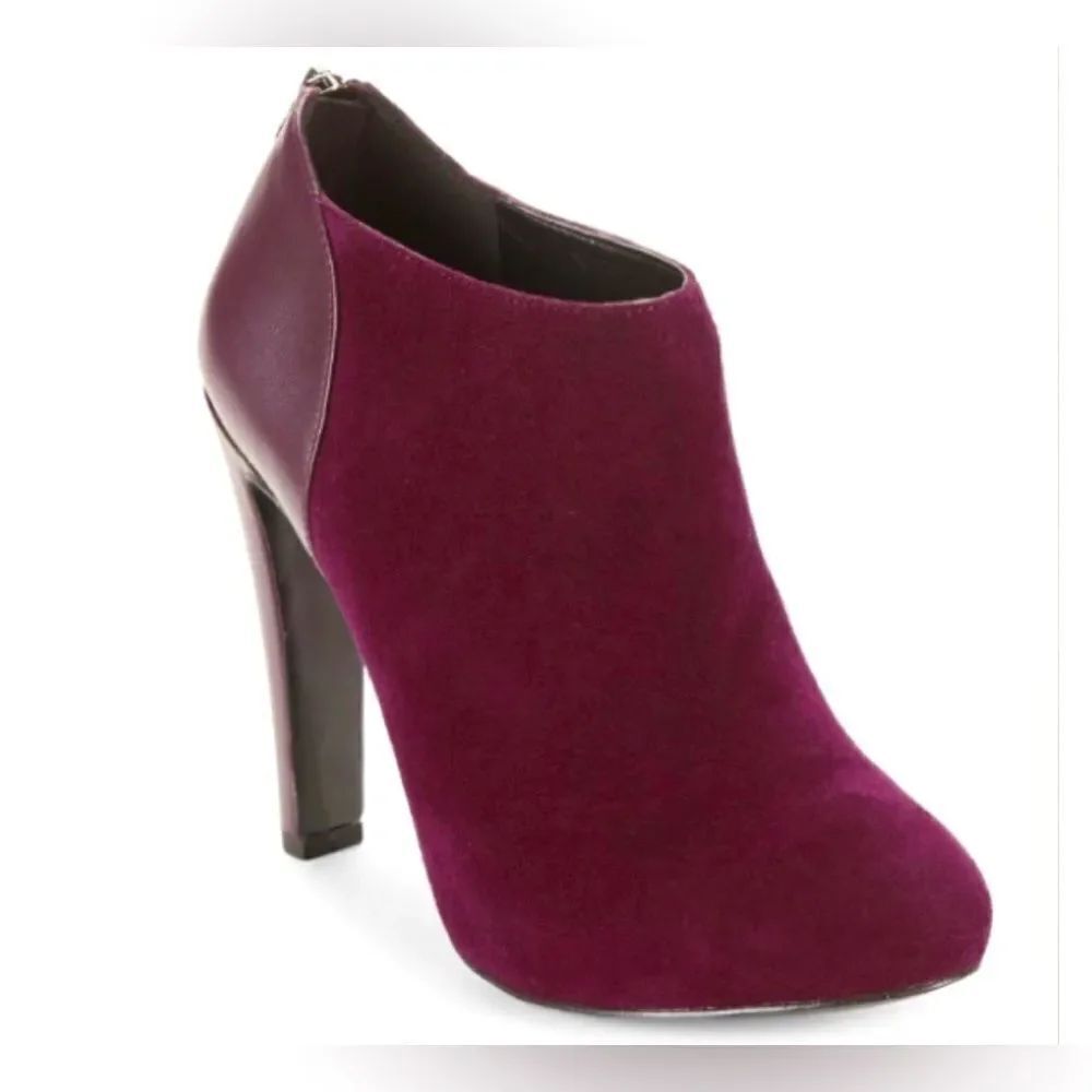 Nine West Brienne Women’s Wine Plum Leather Suede Rear Zip Heeled Booties 6.5